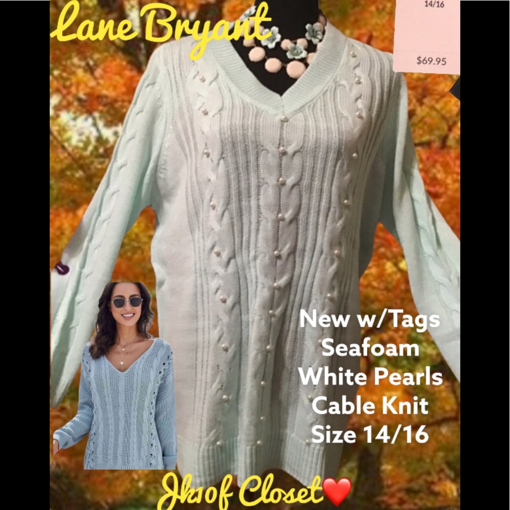 LOWEST🌺 NWT LANE BRYANT 14/16 CABLE KNIT PEARL TRIM SWEATER
